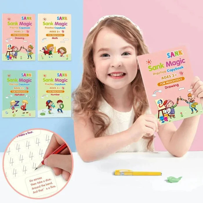 Sank Magic Practice Copy Books (4 Magic Copybooks + 10 Extra Refills + 1 Magic Pen)